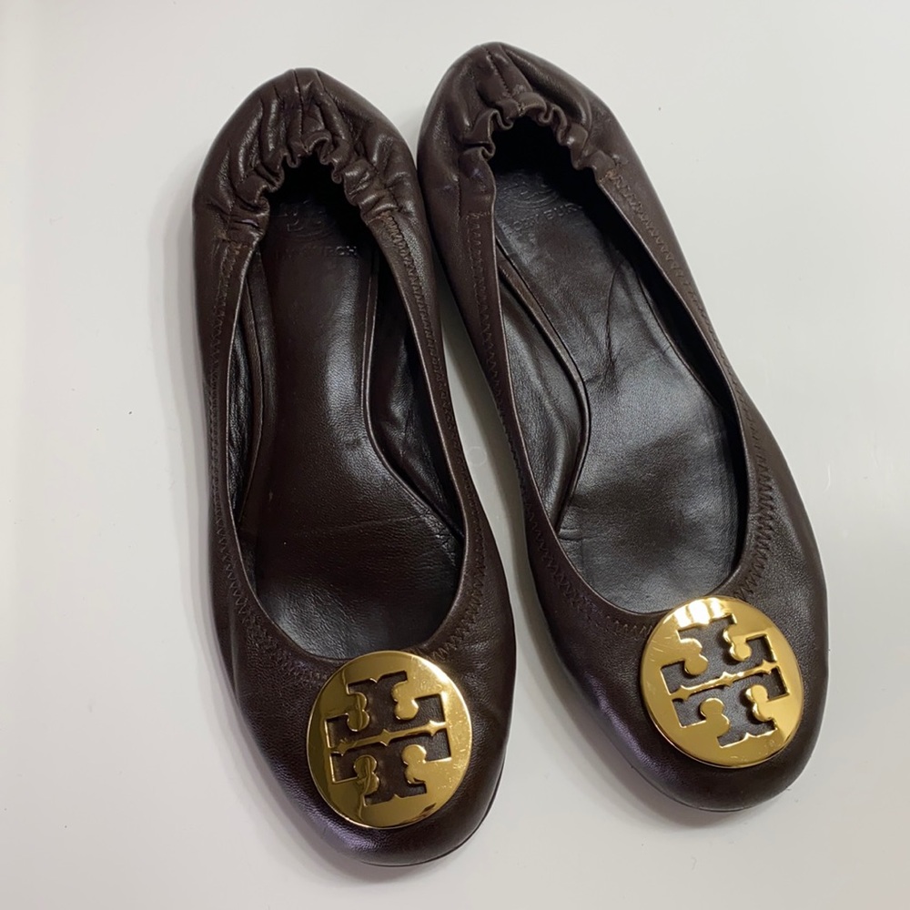 FINAL SALE Tory Burch Reva Smooth Leather Brown Ballet Flats